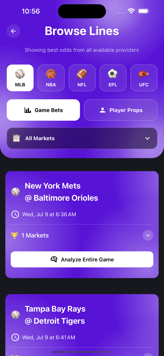 StatAI App Browse Lines Screen